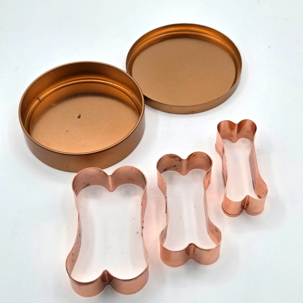 Copper Plated Dog Bone Cookie Cutter Set 3 Sizes Storage Tin